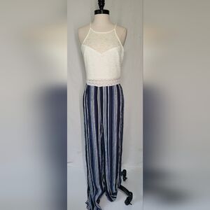 NWT I.N. Blue White Stripe Sleeveless Lace Bodice Wide Leg Jumpsuit, Sz 11